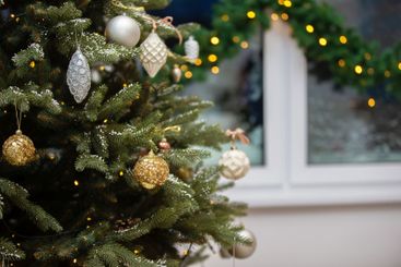 Part of a Christmas tree with decorations