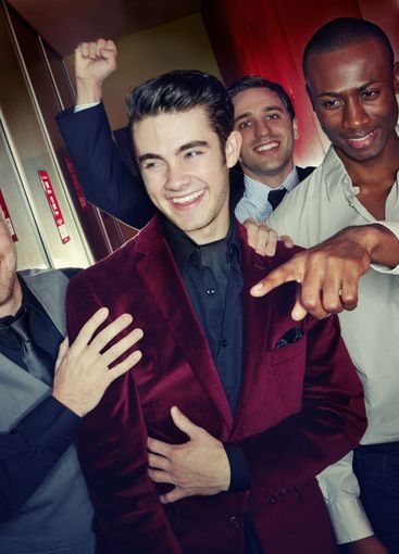 Celebration, nightclub and pointing with group of...