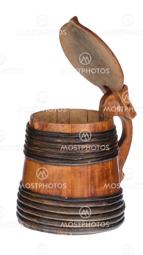 Wooden tankard with lid isolated on white background