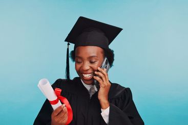 Black woman, phone call and graduation in studio, smile...