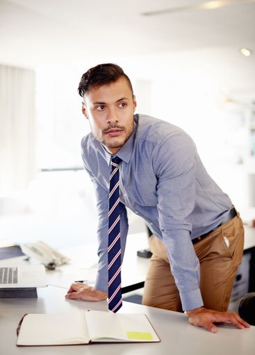 Thinking, notebook and list with business man in office...