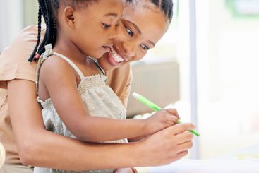 Mother, girl and colour in home for bonding, childhood...