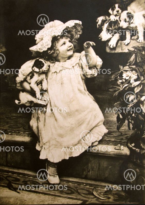 Antique postcard depicting little girl with dogs, 1894
