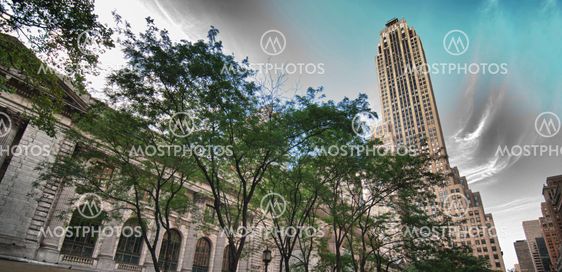 Empire State Building og offentligt bibliotek, New York City