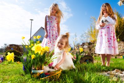 Children on Easter egg hunt with bunny