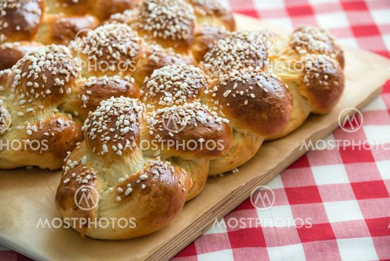Freshly baked sweet braided bread loafs
