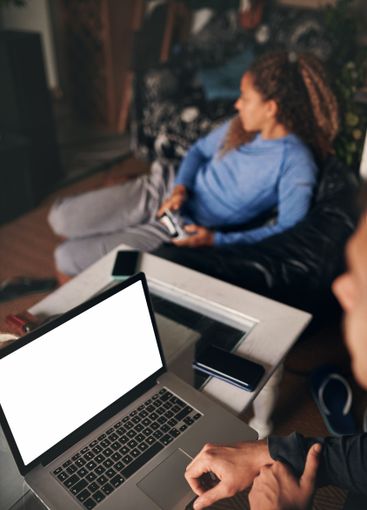 Couple, man and laptop for working from home, online...