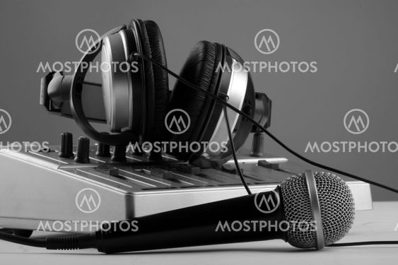 Microphone, mixer and headphones