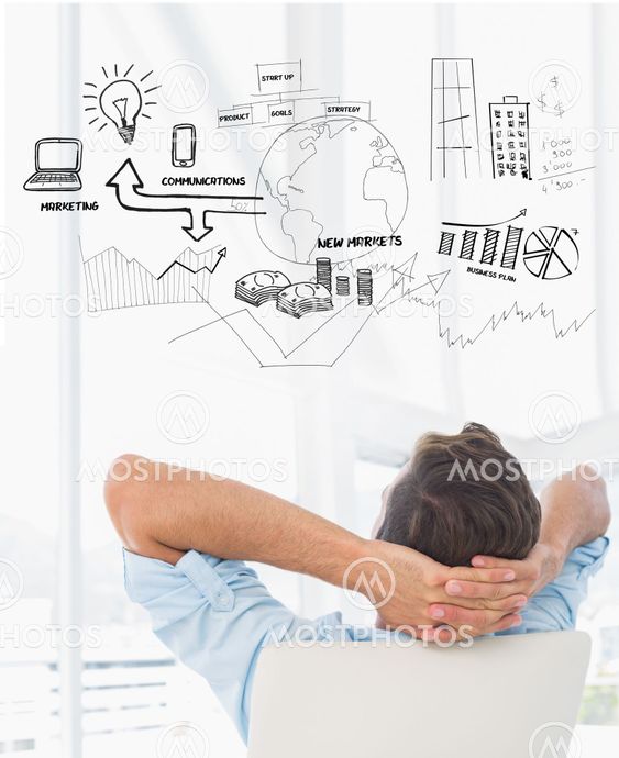 Composite image of rear view of a casual man resting with hands behind head in office