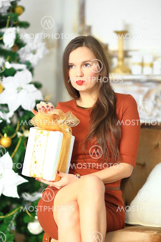 the girl in a brown dress with a Christmas gift 5