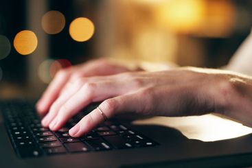 Hands, laptop and typing with business employee in...