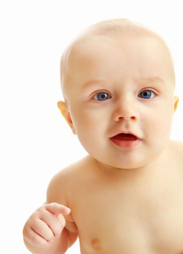 Studio, boy and portrait of baby, curious and relax in...