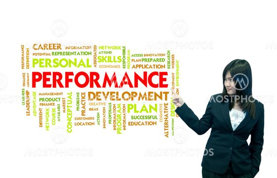 Confident business woman presenting business words over a...