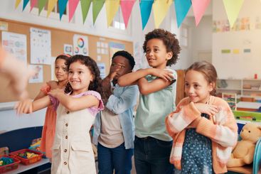 Education, dance and group of kids in classroom together...