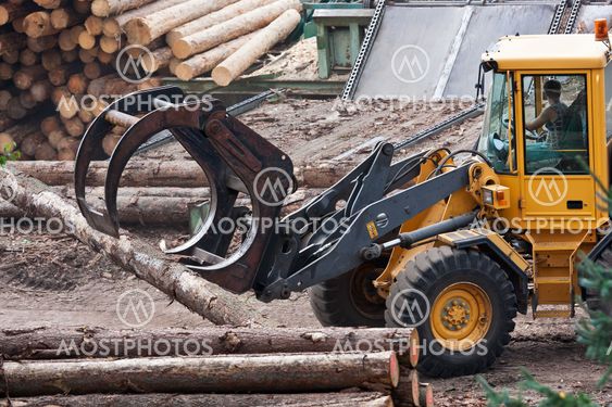 Skidder hauling logs at sawmill.