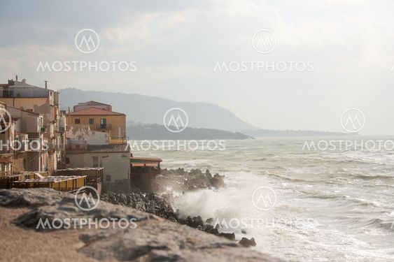 Storm on Thyrrenian sea near Cefalu, Sicily, Italy