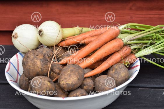 Rotfrukter i en skål på ett bord