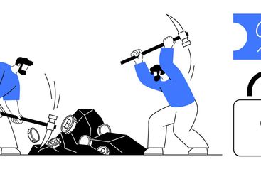 Miners Breaking Rocks with Tools Nearby Symbols Suggest...