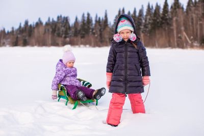 Adorable happy girl sledding her little sister
