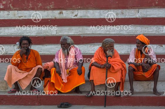 Group of Sadhu (holy men) on the ghats of Ganga river.