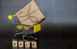 Shopping basket with gift box in waxed paper. The Concept...