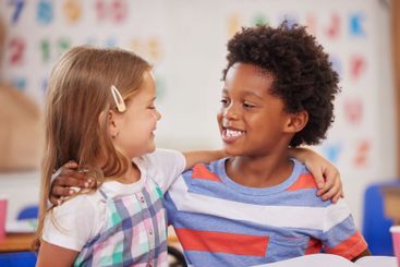 Happy children, friends or preschool with hug for fun...