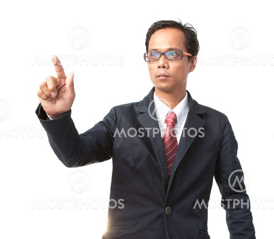 young asian business man pointing by right hand finger...
