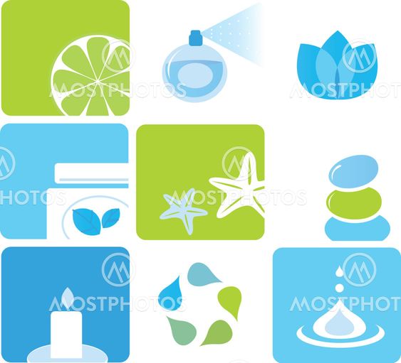 Natural cosmetics and spa icons and elements - blue, green
