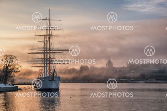Old ship in Stockholm at sunrise.