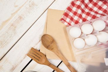 baking preparation, top view of a variety of baking...