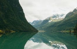Lake Oldevatnet and mountains under clouds, Norway