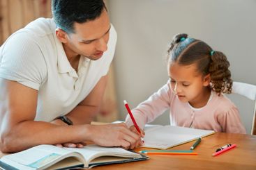 Dad, child or writing with book for homeschool, learning...