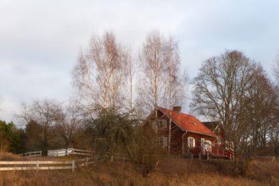 Old red wooden farmhouses in Sweden in autumn
