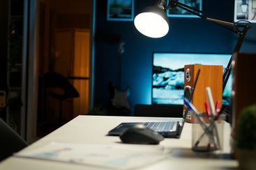 Contemporary home office in an urban apartment decorated...