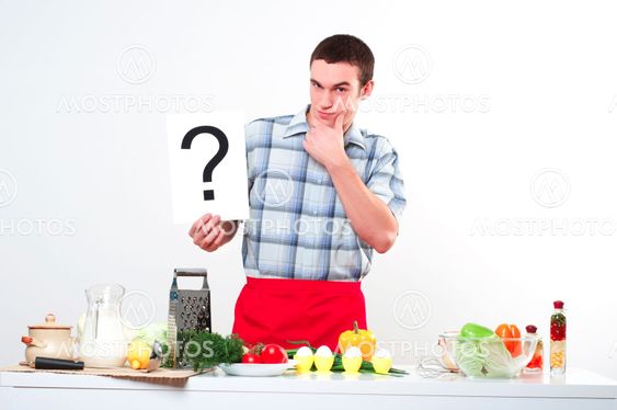 portrait of a young man, hold question mark
