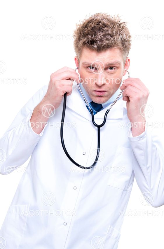 cherfull doctor listening with a stethoscope. Isolated