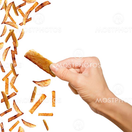 Background with hand and fried potatoes isolated on white