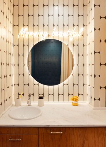 Modern stylish bathroom interior. Close-up of marble...