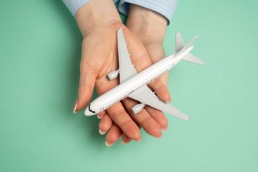 Passenger plane in palms. Flights and tourism....