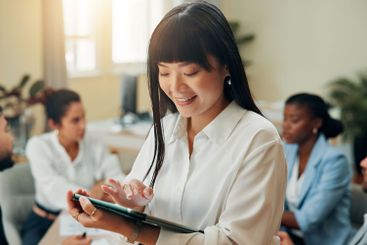 Meeting, smile or businesswoman in office with tablet...