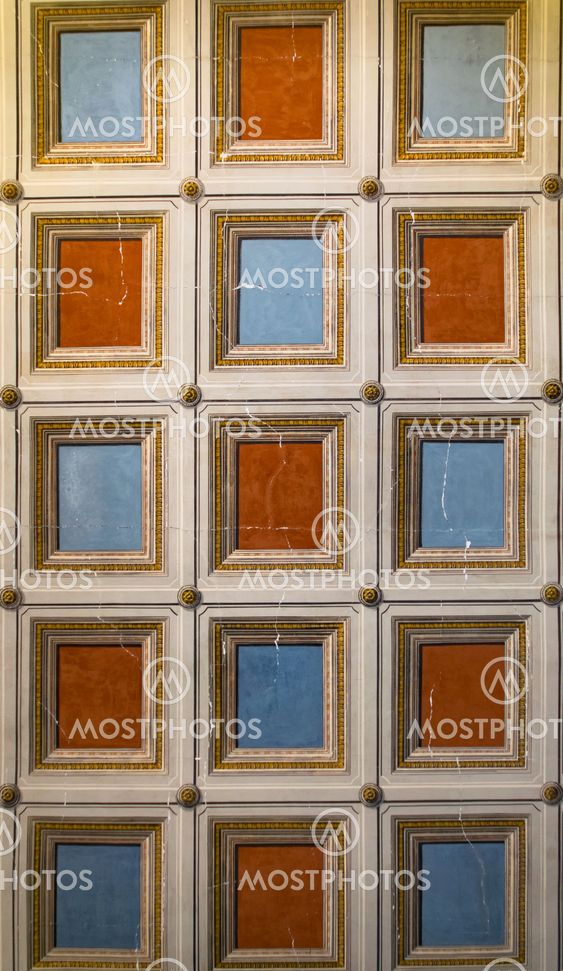 Square orange and blue painted on the ceiling.