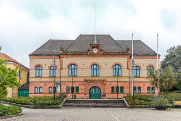 town hall and square in Sjobo, Skane