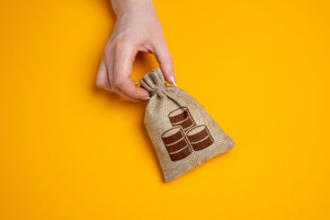 Money bag in woman's hand on empty yellow background....