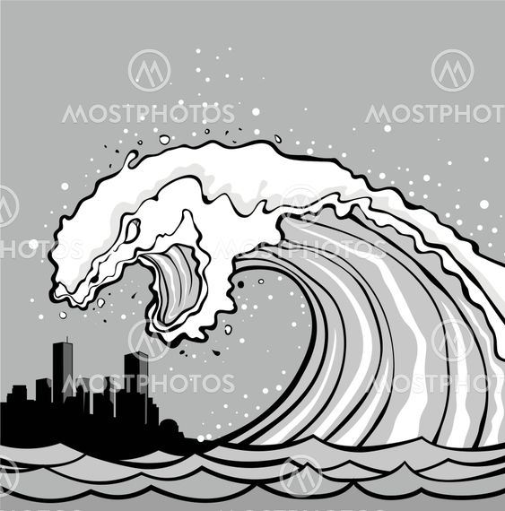 Huge wave of tsunami overflows coast. City in danger!