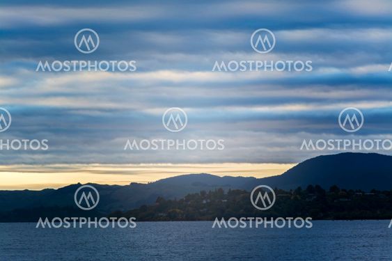 Lake Rotorua at cloudy sunrise, North Island, New Zealand