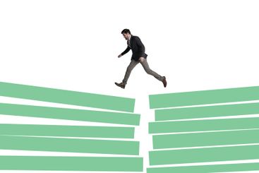 Man, running and business graph in studio, stock market...