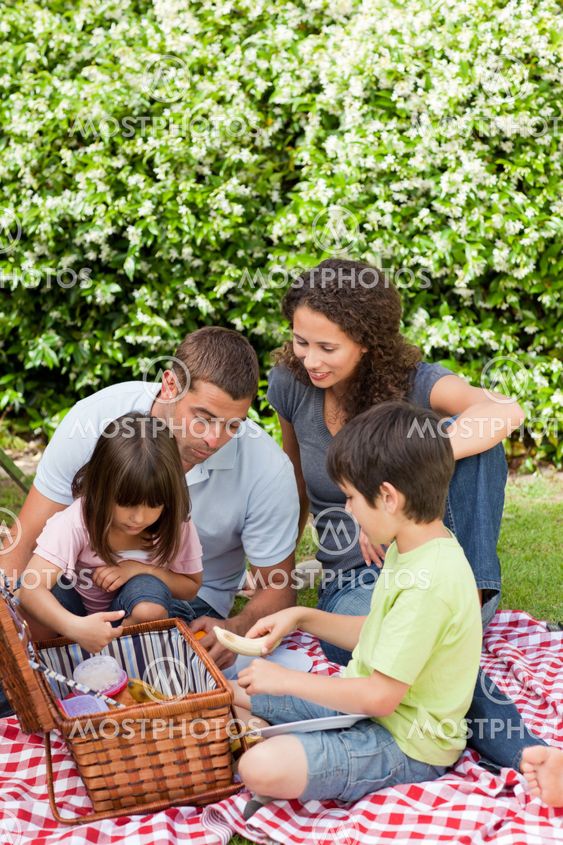 Family picnicking in the garden