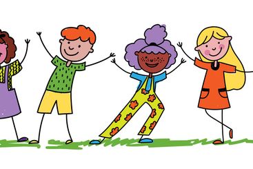 Kids standing together doodle. Group of hand drawn child...