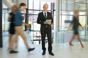 Business people, tablet and portrait of man busy for...