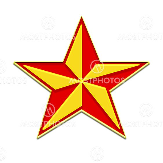 A five-pointed star, red and yellow on a white background